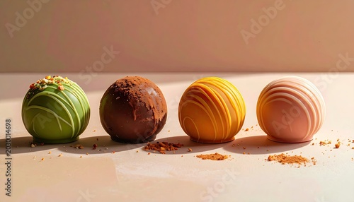 Four decorative chocolate truffles in assorted colors and toppings on a surface