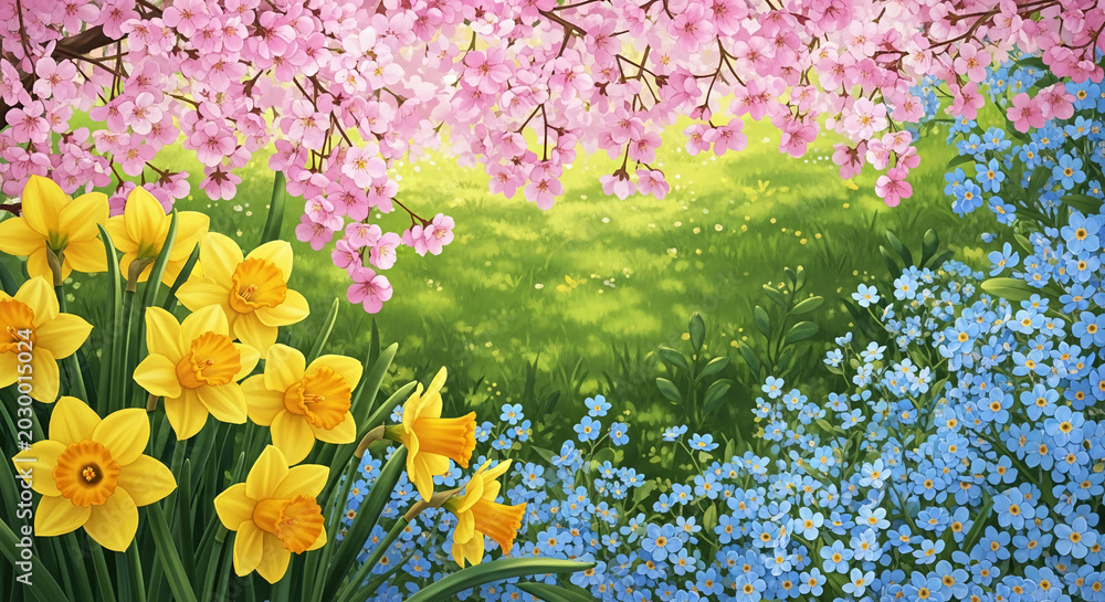 Obraz premium A vibrant spring meadow filled with blooming pink cherry blossoms, yellow daffodils, and delicate blue forget-me-nots, symbolizing renewal and natural beauty