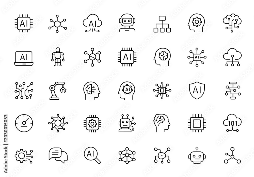 Obraz premium AI technology icon set for web and mobile apps. Machine learning, artificial intelligence, cloud computing, smart robotic, algorithm, digital AI tech. Solid vector icon collection, automation