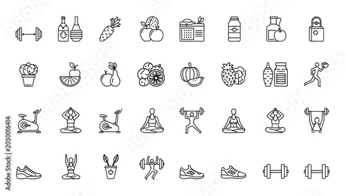 Fotografie Fitness and healthy lifestyle web icons set in linear style