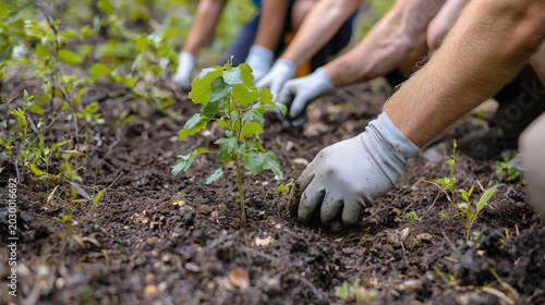 Group of people planting young green tree in soil. Volunteers working together to restore forest. Ecology concept, nature conservation, sustainable agriculture and earth day activity.