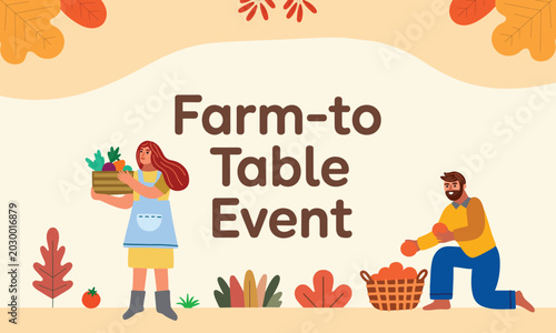 A warm autumn vector illustration showing happy farmers harvesting fresh organic produce for a communal farm-to-table event.