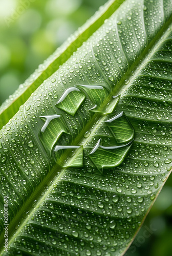 Recycle symbol formed by water drops on a green leaf. Concept of environmental conservation and sustainability. Eco friendly nature background for recycling and ecology awareness campaign.