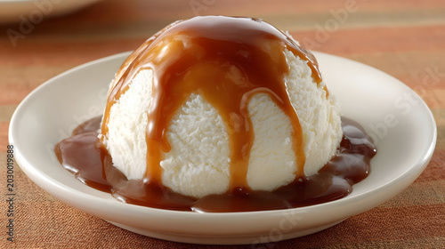 Delicious white ice cream with caramel sauce on a white plate