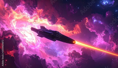 Sleek vessel streaks through vibrant cosmic nebula, firing bright energy beam
