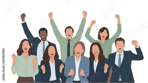 Tableau sur toile A diverse group of businesspeople celebrating with raised arms and fists