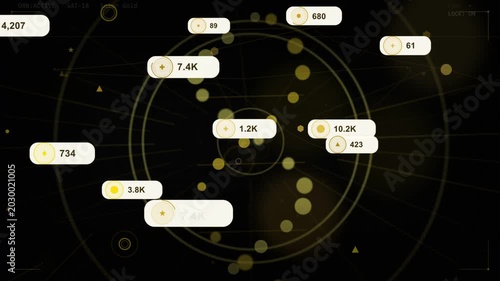 HUD reticle appearing, gold dots drifting, numeric badges spawning and sliding showing data flow