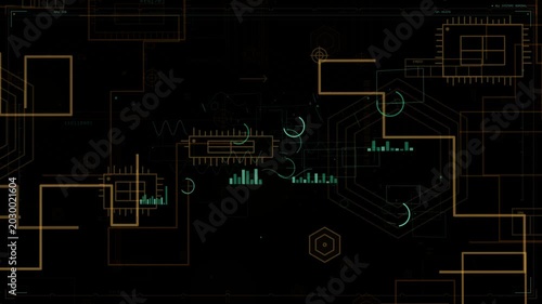 Faint glow starting, HUD drawing gold circuits, hex rings forming, cyan bars pulsing showing status