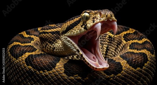 A yellow and black patterned snake in aggressive defensive posture with mouth wide open against dark background. Detailed scales and coloring visible. Ideal for wildlife education and nature content.