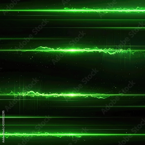 Glowing green light streaks across dark background with sparkling particles