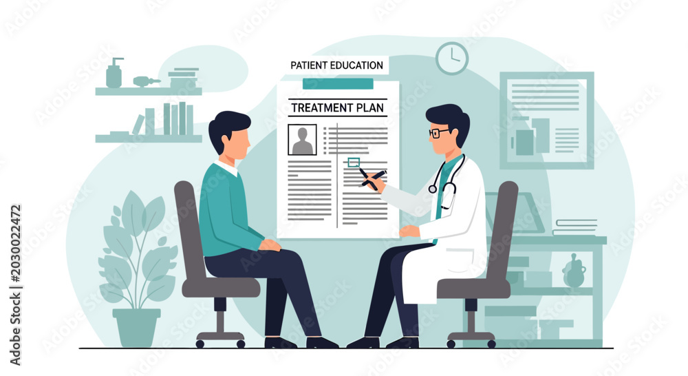 Fototapeta premium Doctor discussing treatment plan with patient in clinic, patient education concept