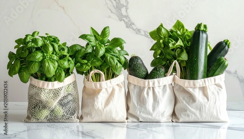 Four reusable bags overflow with fresh basil, avocados, and zucchini