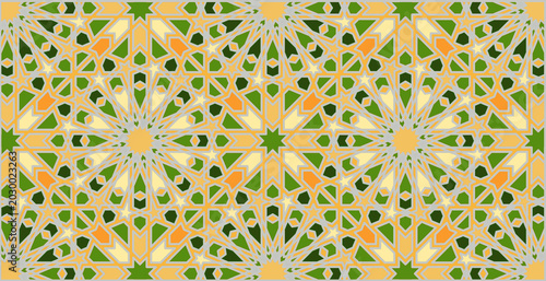 Green and Brown Elegant Islamic Ornament, detailed design – Moroccan traditional zellige inspiration, Geometric pattern – Modern Arabesque innovative design