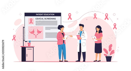 Doctor explains cervical screening to patients, promoting women's health awareness and early detection.