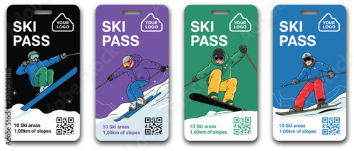 Foto Ski pass cards illustration set, generic mountain lift admission tickets with skier snowboarder and qr code design elements