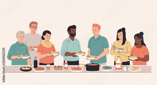 Diverse group cooking together in modern kitchen with fresh ingredients and shared meal preparation. Family cooking illustration featuring teamwork, healthy food, and communal dining.