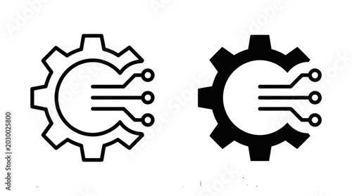 Photos Two gear icons with circuit lines represent technology and industry