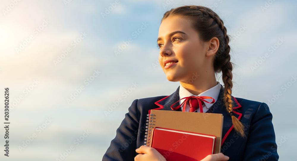 Obraz premium Cheerful young schoolgirl looking towards a bright future under a warm sunny sky, perfect for educational inspiration concepts