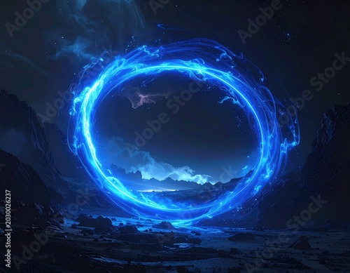 A glowing blue portal hovers in a desolate, mountainous landscape at night