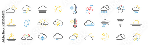 Weather outline icon set with climate forecast symbols and editable vector collection