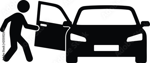 Person opening car door simple black icon for transportation and travel concepts isolated on white background