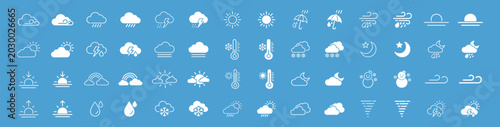 Weather forecast icon set with climate symbols rain storm snow wind and editable vector collection