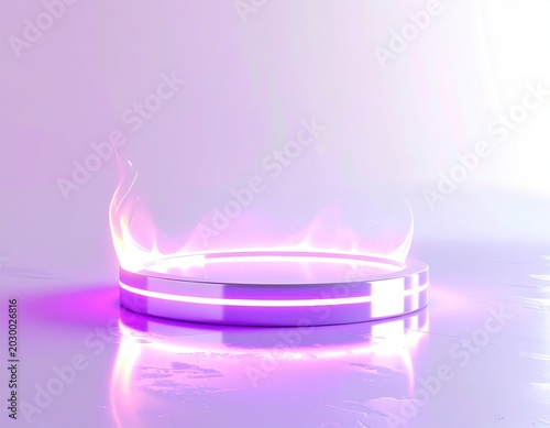Futuristic glowing platform with ethereal purple flames