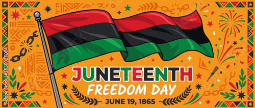Juneteenth Freedom Day banner with waving Pan-African flag and broken chains. Festive flat design vector illustration