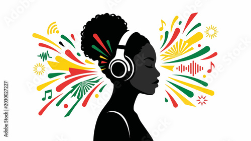 African American woman silhouette listening to music. Headphones with Pan-African color abstract sound waves. Vector illustration