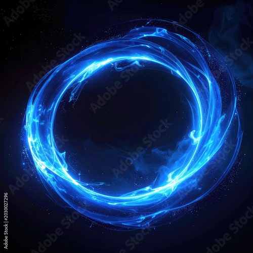 Swirling blue energy forms a luminous ring against a dark, starry background