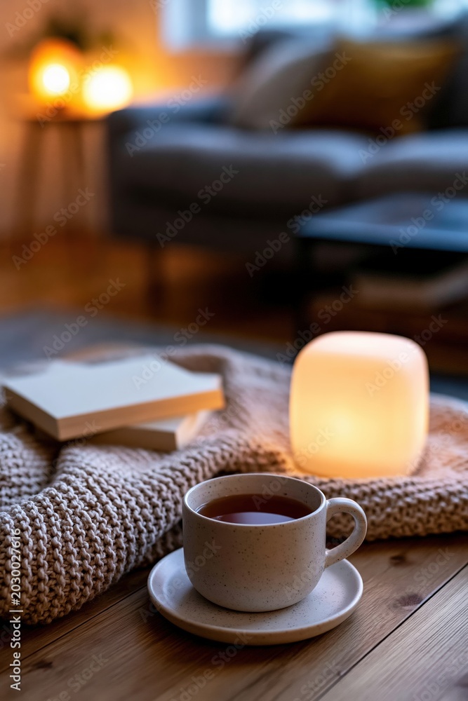 Fototapeta premium Cozy evening setup with tea, knit blanket, and blank book in living room