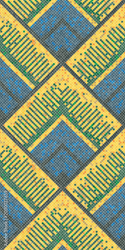 Abstract art graphic mosaic, seamelss pattern composition with stylized peacock feathers