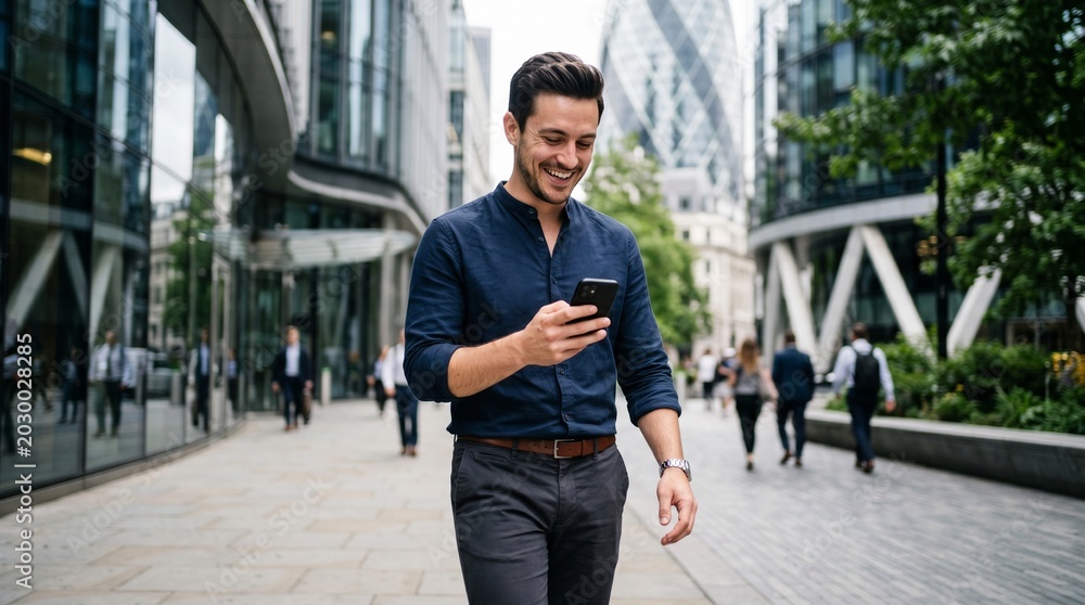 Fototapeta premium Man checking smartphone on a city street with modern buildings