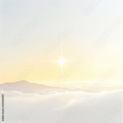 Ethereal light bursts from a bright star above misty mountain peaks at dawn