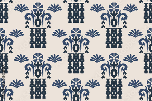 Tableau sur toile Traditional Ikat Style Damask Repeat Pattern, Decorative Navy and Cream Geometric Floral Art