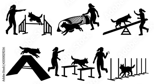 Fotografía Dog Agility Training Vector Icons, Canine Sports Silhouette Set, Pet Obedience C