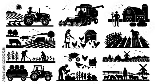 Schilderij op canvas Farm Life Silhouette Collection: Tractor, Harvest, Livestock, and Rural Scenes V