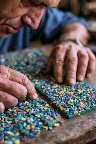 Hands Inspecting Recycled Plastic Tile on Workbench