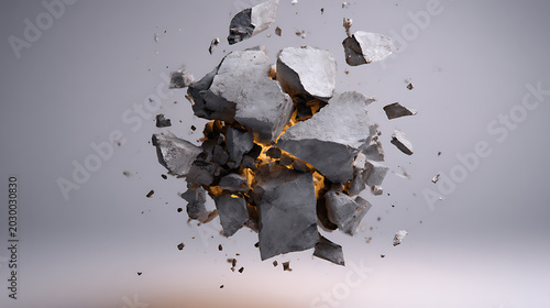 Abstract explosion of dark rock fragments with glowing orange core mid-air against a soft gradient background, dynamic rupture concept