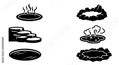Tableau sur toile Hot Spring Icons, Spa Pools, Geothermal Vents, Relaxation Elements, 6 Vector Gra