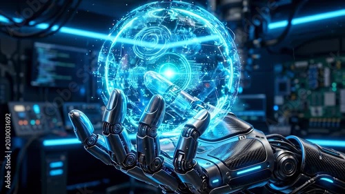 Slow motion tracking shot of robotic hand holding holographic globe inside futuristic laboratory environment