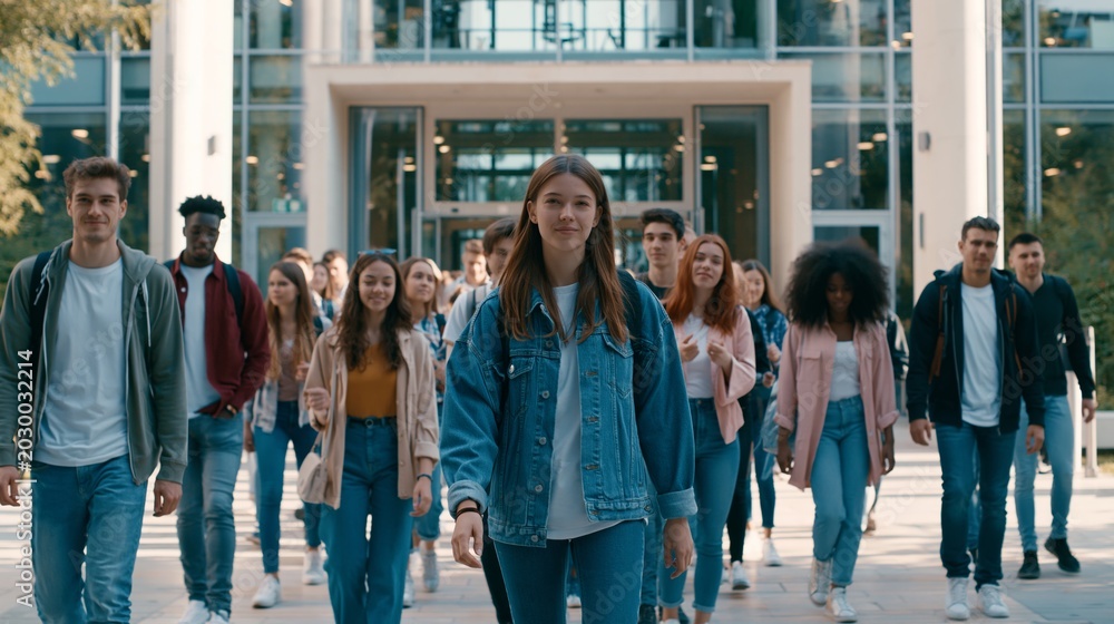 Obraz premium Diverse Group of Students Enters University Building for Entrance Exams on Modern Campus in Bright Daylight