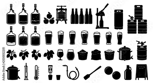Fotografie Brewing Equipment Icons Set, Craft Beer Making Tools Collection, Homebrew Suppli