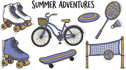 Photos Summer adventures vector elements set with vintage roller skates cruiser bicycle