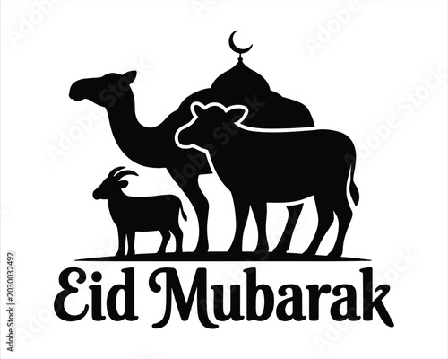 Foto Eid Mubarak with Camel, Sheep, and Goat Silhouette with Eid al Adha Mubarak text