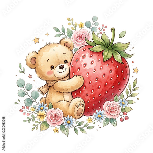 Cute Teddy Bear Hugging Strawberry Watercolor Illustration