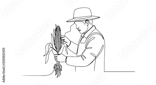 Farmer holding corn continuous one line drawing. Agricultural worker inspecting crop. Minimalist vector illustration isolated on white background