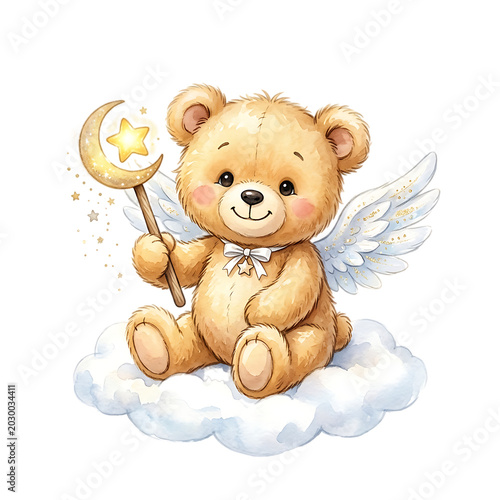 Angel Teddy Bear with Wings Watercolor Illustration