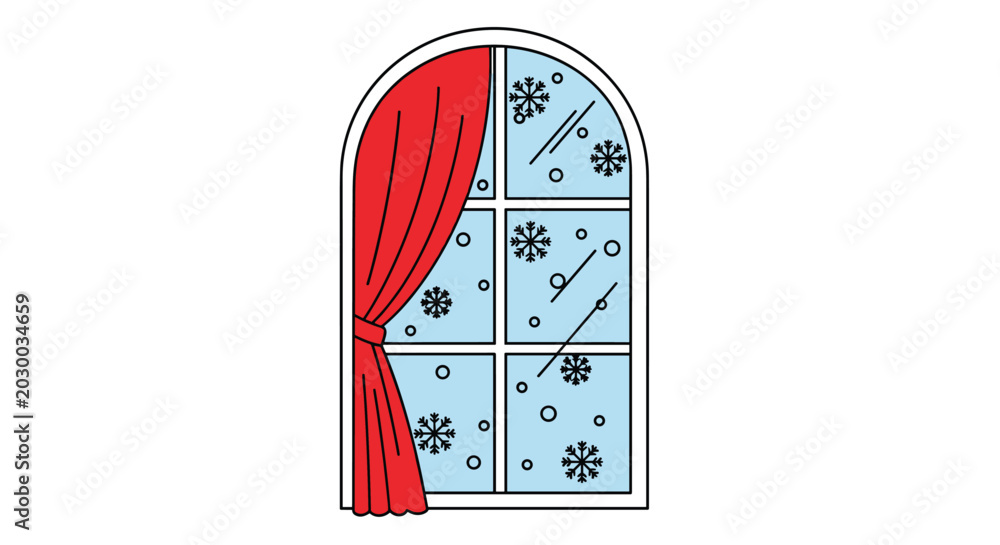 Fototapeta premium Festive arched window view with a bright red curtain showing a cold winter day with falling snowflakes and a blue sky outside.