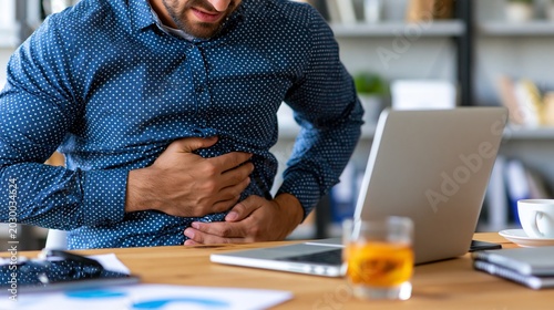 Man Experiences Stomach Ache While Working in Office Setting During Daytime Hours, Highlighting Digestive Problems in a Business Environment